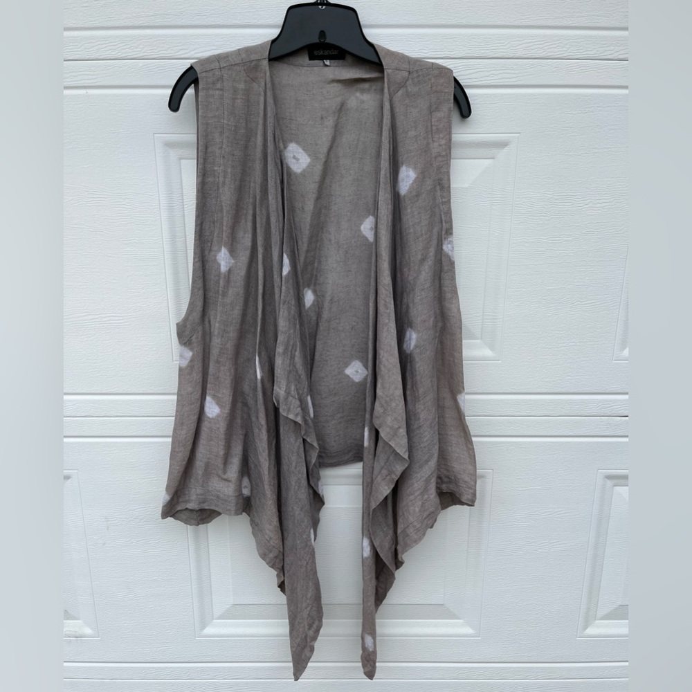 Eskandar Women's Small Gray Shibori Linen Flowing Open Vest Lagenlook